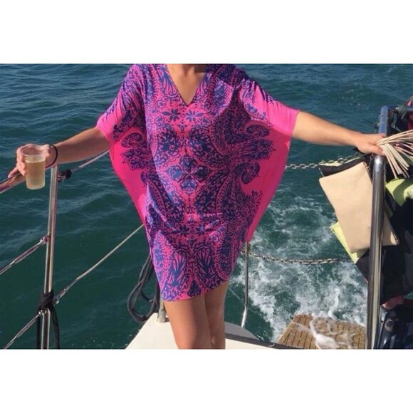 Lilly Pulitzer Lindamarie Caftan Dress Womens S/M Pink Elephantino Tropical - Picture 3 of 15